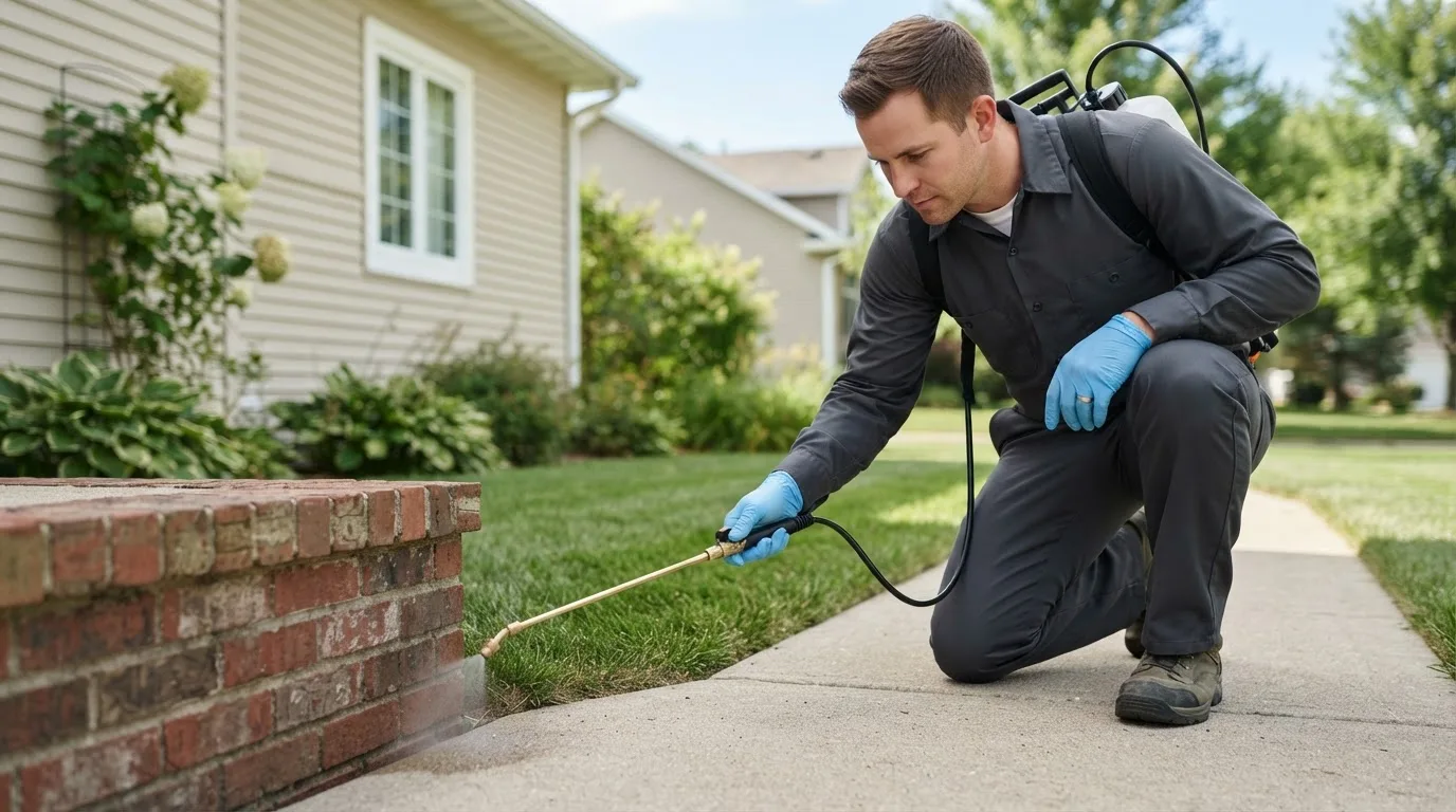 Pest control technician treating a home near Anton Chico, NM
